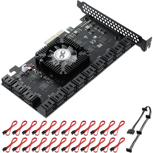 GUJL-Carte D'Extension,Pcie 3.0 X4 À 24 Ports Sata,Carte Contrôleur De Disque Dur,Carte Adaptateur D'Interface Avec Câbles Sata Et Câble D'Alimentation Sata (Asm1064 + 1812)