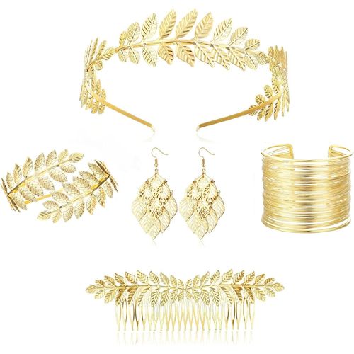6pcs Déesse Grecque Costume Femme Couronne Laurier Dorée, Manchette Bracelet, Boucle D'oreilles, Peigne À Cheveux Bandeau Feuille Déguisement Mariage Fête Halloween Festival Bijoux Accessoires