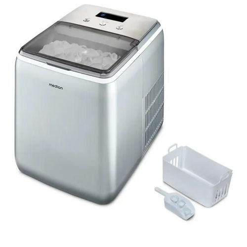 Machine à glaçons cristallins ¿ MEDION MD11950 ¿ Réservoir eau 2,6L ¿ 15kg/24h ¿ 2 tailles ¿ 10 minutes ¿ Inox