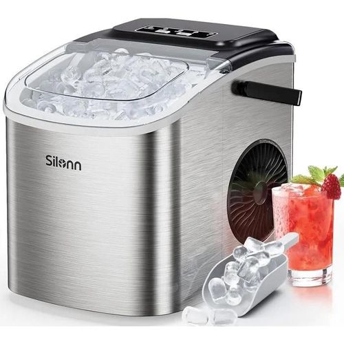 Silonn Small Ice Cube Maker with Carry Handle, 9 Ice Cubes in Just 6 Min., 12 kg Ice in 24 Hours. Compact Self-Cleaning with 2 Sizes