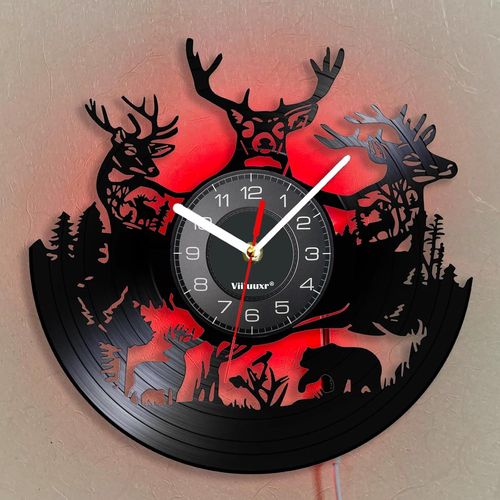Disque Vinyle Pendules Murales 30 cm de Diamètre Savane Africaine Motif Horloge Digitale LED Moderne Horloge Cuisine Salon Lumineuse Silencieuse sans Tic-tac Éléphant Girafe Décoration.