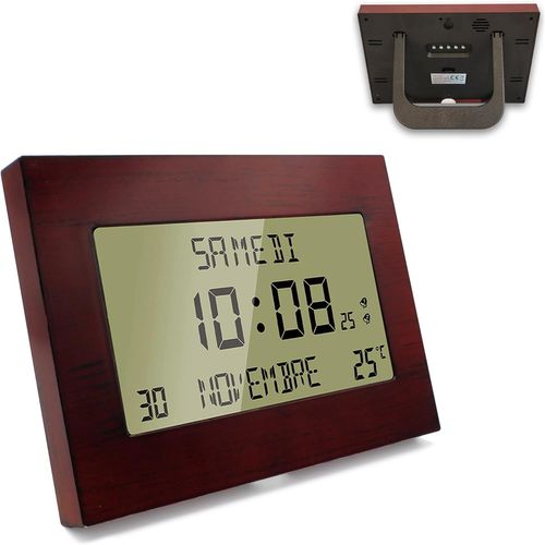 TIANYI-Horloge Réveil Numérique Murale Radiopilotée - Calendrier Date Jour et Heure - Grands Chiffres - 8 Langues - Température Ambiante - Accroche Murale ou sur Pied - 23 x 16 CM - Motif Bois