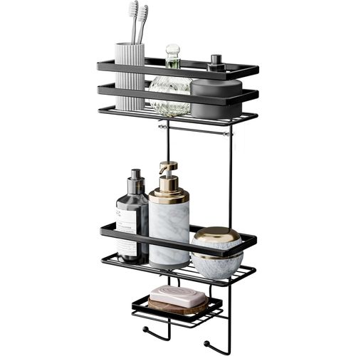Étagère De Douche Sans Perçage - Acier Inoxydable Dc03 Avec Trois Niveaux En Noir Mat - Avec Porte-Savon Spécial - Étagère De Douche Sans Perçage - Grande Capacité De Charge - Également Pour