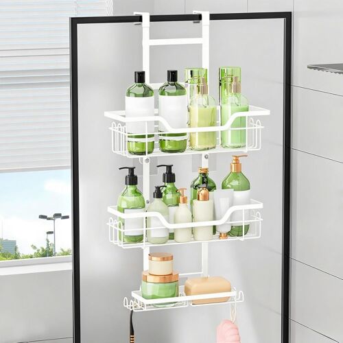 JEXNOVASHOP-tagère de douche à suspendre pour porte de douche en verre - Sans perçage - Avec 3 paniers de douche - Blanc