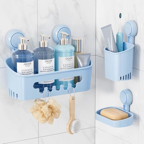 Support Douche Ventouse et Porte Savon et Porte Savon à dents Lot Pas de Perçage Support Salle Ventouse en Amovible Panier de Douche Aspiration Étanche Organisateur de Rangement, Bleue