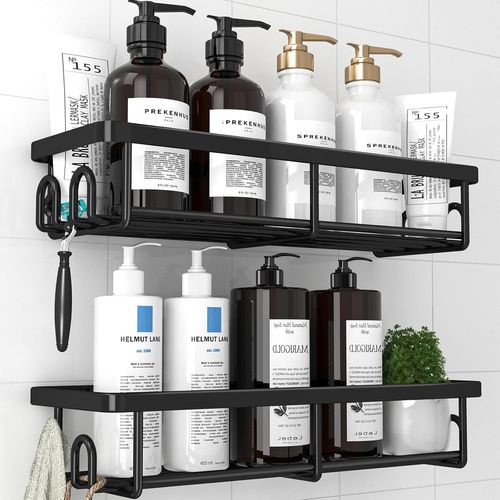 Loc-Étagères De Salle De Bain ¿ Lot De 2 Étagères De Douche Murales Sans Perçage Avec 4 Crochets,Rangement Douche Et Salle De Bain,Style Minimaliste,Grande Capacité,10,0 X 29,5 X 5,5 Cm,Noir