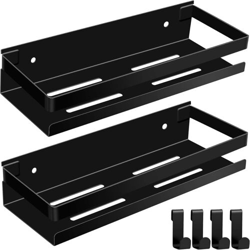Etagere Salle de Bain Sans Percage Noir 2 Pièces Etagere Douche Inox avec 4 Crochets 30cm Etagere Douche Sans Percage