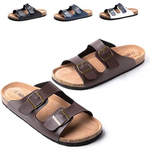 Fchhk-Sandales Homme Claquette Faux Cuir Mules Bout Ouvert Ete Chaussons Boucle Plage Slippers Liège Piscine Confort Noir Marron Bleu Eu 39-47
