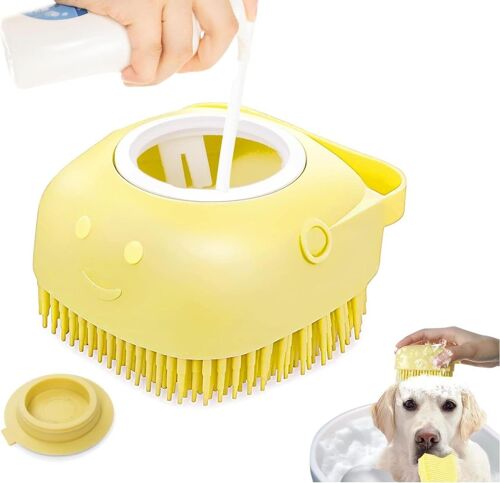 Silicone Detangling Bath Brush For Dogs With Short And Long Hair,Grooming Accessory,Massage And Quick Cleaning With Water And Shampoo Dispenser (Yellow)
