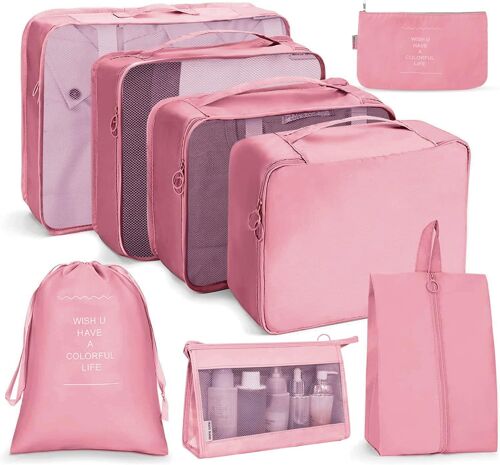 Organisateur Val , Organisateur De Voyage, Lot De 8 Organ Urs De Bagage Pour Voyage,Différents Tailles Des Cubes Étanche Sacs De Voyage Rangement (Rose)
