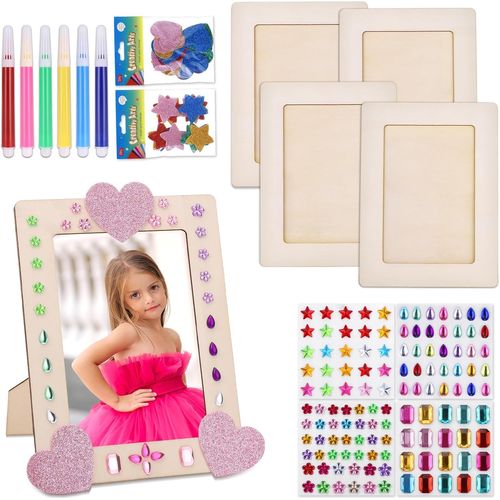 Diy Cadre Photo, 4pcs Bricolage Cadres Photos Avec Autocollant En Forme De Diamant Et Crayons De Couleur, Cadre Photo A Decorer Enfant, Cadre Photo Créatif Bricolage Pour Enfants Cadeau
