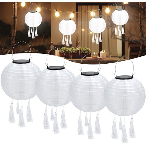 4 Pcs Lampion Solaire Exterieur, 20 Cm Lanterne Solaire Lampions Blanc Chaud, Suspension Solaire Exterieur Led Avec 4 Franges Pour Balcon, Mariage, Anniversaire, Célébrations