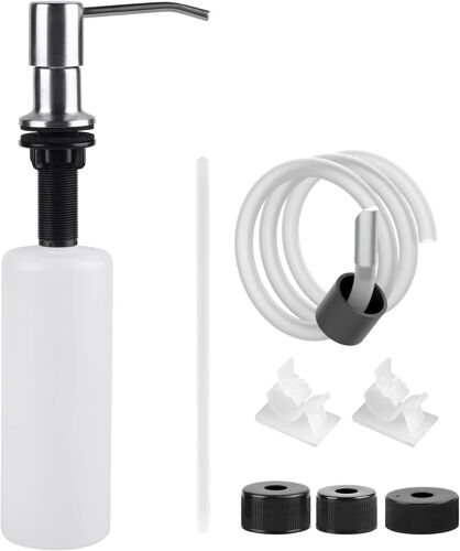 Distributeur de Savon Encastrable en INOX avec Bouteille 500ml,1m Tuyau en Silicone,4 Bouchons Universels,2 Encliquetages,Distributeur de Savon Evier Cuisine,Salles de Bains,Argent