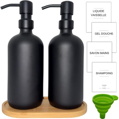 TIANYI-Distributeurs de Savon en Verre - Pack de 2 - Savon Mains - Liquide Vaisselle - Gel Douche - Shampoing - Plateau en Bois, Entonnoir Plastique, Etiquettes - Accessoires Salle de Bain Cuisine (N