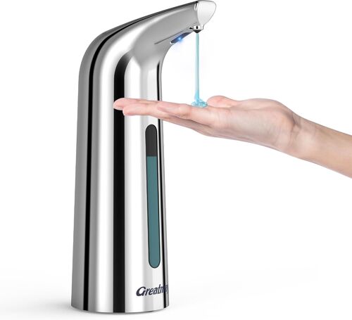 Distributeur Savon Automatique sans Contact 400ml¿Anti-gaspillage Étanche Pompe¿4 Vitesses Réglables Charge Magnétique Design Intelligent pour Cuisine Salle de Bain (400ml Argent)