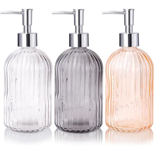 Lot de 3 Distributeur Savon Verre,Flacon Pompe Verre de 14 oz avec Pompe en Plastique Antirouille,Distributeur de Savon Liquide Rechargeable pour Les Mains pour Salle de Bain
