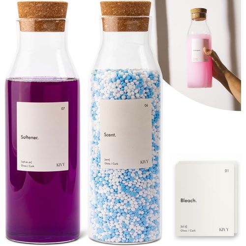 BHHBB-[Lot de 2] flacons en verre et étiquettes pour perles parfumées, savon de lessive, détergent liquide, adoucissant, pour organisation de la buanderie