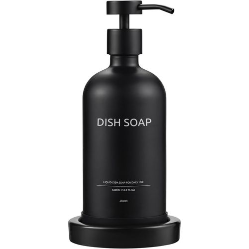 TIANYI-Ensemble Élégant de Distributeurs de Savon en Verre avec Plateau, Distributeur Savon en Verre Noir, Bouteille en Verre pour Salle de Bain(Noir + Embout Noir+Dish SOAP)