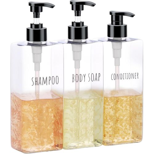 TIANYI-Distributeur de Savon Transparent Plastique, 3 Pièces 500ml Rechargeable Bouteille de Shampoing avec Étiquette, Flacon Pompe Vide pour Bain, Hôtel