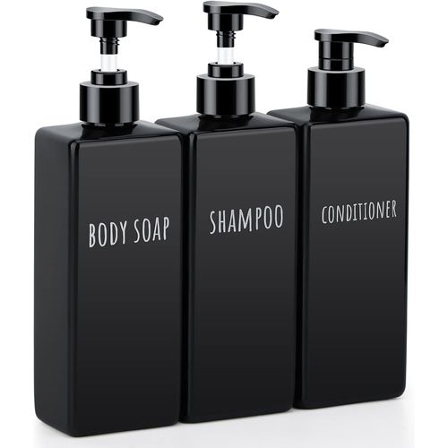 TIANYI-Distributeur de Savon Noir, 3 Pièces 500ml Rechargeable Bouteille de Shampoing en Plastique avec Étiquette, Flacon Pompe Vide pour Bain, Hôtel