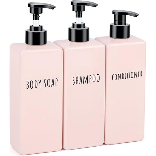 CMJAAGUR-Distributeur Savon, 3 Pièces 500Ml Distributeur Gel Douche, Soap Dispenser En Plastique, Flacon Pompe Avec Étiquette Imprimée, Bouteille Shampoing Vide Pour Salle De Bain (Rose)[M1273]
