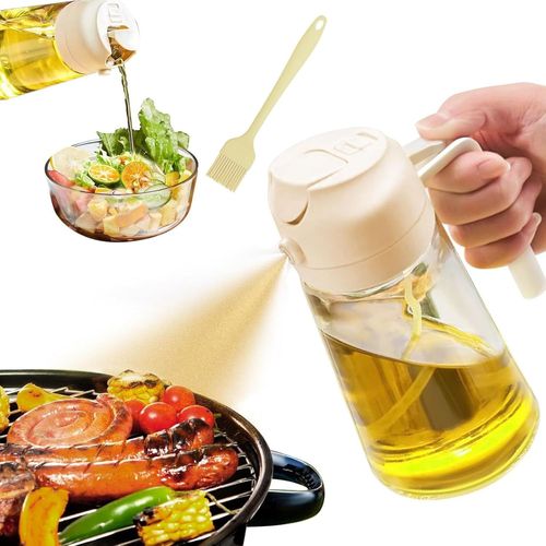 Sjzg-470ml/16,5oz Spray Huile Cuisine, Pulvérisateur D'huile 2 En 1, Bouteille De Distributeur D'huile D'olive Avec Pinceau En Silicone Pour La Cuisine, Salade, Friture, Barbecue (Beige)