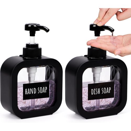 Senior-Distributeur Liquide Vaisselle, 2 Pièces 300Ml Flacon Pompe Vide, Distributeur Savon Noir En Plastique, Avec Étiquettes, Pour Salle De Bain[L2277]
