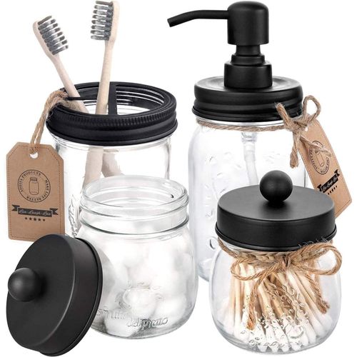 Senior-Mason Jar Lot De 4 Accessoires De Salle De Bain ¿ Distributeur De Savon Mason Jar Et 2 Bocaux D'Apothicaire Et Porte- À Dents ¿ Toilettes Rustiques, Décoration D'Intérieur, Comptoir D[L1577]