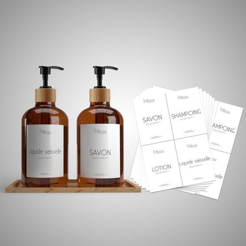 TIANYI-Distributeur de Savon 500 ML en Plastique Épais Ambre - Bouteilles Vides Rechargeables avec Plateau en Bambou - Flacon pour Cuisine et Salle de Bain - Étiquettes Personnalisables