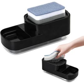 KAL-Distributeur Liquide Vaisselle, Distributeur De Savon Liquide Avec Porte-Éponge, Détergent Rechargeable Pour La Cuisine, Noir