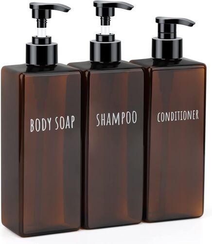 Distributeur de Savon Carrée,3 Pièces 500ml Rechargeable Bouteille de Shampoing en Plastique avec Étiquette,Flacon Pompe Vide pour Bain,Hôtel,Marron