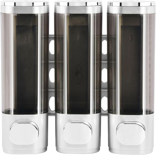 Distributeur de Savon Mural pour Douche,Lot de 3 Distributeur Savon Liquide,sans Perçage,pour Salle de Bain Gel Douche,Shampooing,Conditionneur,Lotion,3 x 300 ML (Argent)