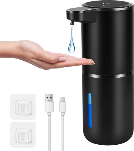 Distributeur Savon Automatique,380ml Distributeur Savon Mural,Distributeur Liquide Vaisselle avec Capteur Infrarouge,Rechargeable par USB,4 Niveaux Réglables (Noir,Type de Liquide)