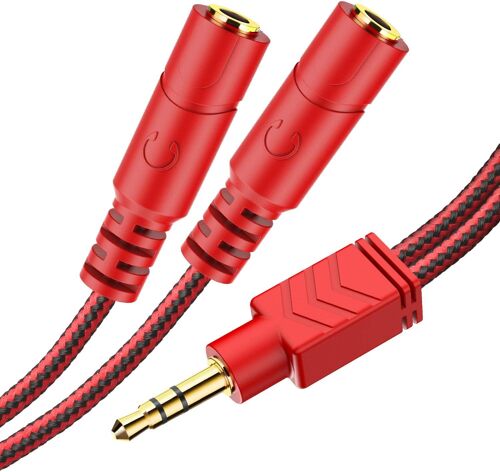 Répartiteur audio jack Y 1 vers 2 stéréo Aux Câble répartiteur jack 3,5 mm vers 2 coupleurs jack 3,5 mm pour casque et haut-parleurs Rouge