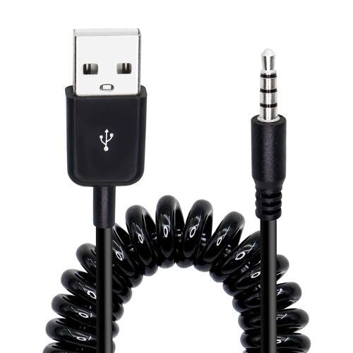 Câble spiralé USB vers prise audio 3,5 mm - Prise audio auxiliaire vers USB 2.0 mâle - Câble de charge pour lecteur MP3, casque
