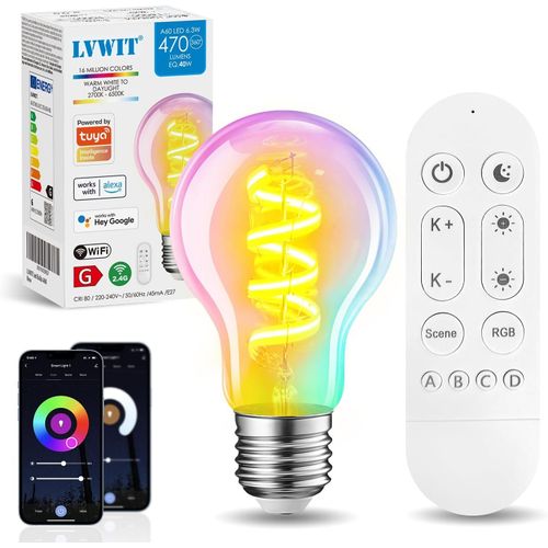 Ampoule Connectée Alexa 6.3w, Ampoule E27 Led 470lm,Contrôle Par Télécommande Et App, Vintage Edison St64, Smart Dimmable Rgb