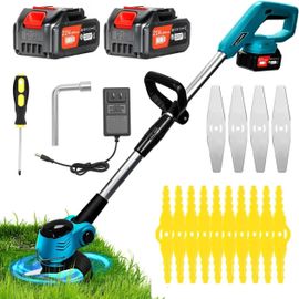 ASFASFq-Xbzzgmg Debroussailleuse Electrique sans Fil 21V, Moteur 775 amélioré Coupe Bordure sans Fil avec 2 * 4.0Ah Batterie et Lames, Légère à Faible Bruit, Stockage Amovible, pour Jardin, Pelouses