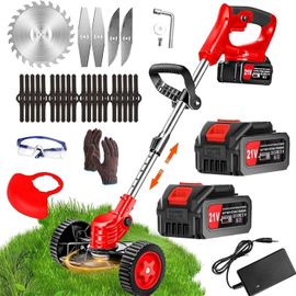 ASFASFq-Débroussailleuse Electrique sans Fil 21V 4.0Ah Coupe Bordure avec 2 Batterie et Chargeur Taille Bordure avec Roues & 3 Types De Lames,Légère à Faible Bruit pour La Coupe De Jardin, Pelouses A