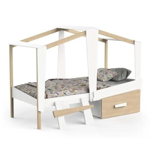 Demeyere Lit Cabane Enfant Avec Grand Tiroir - 90 X 200 Cm - Décor Blanc Mat Et Chene - Sommier Inlcus