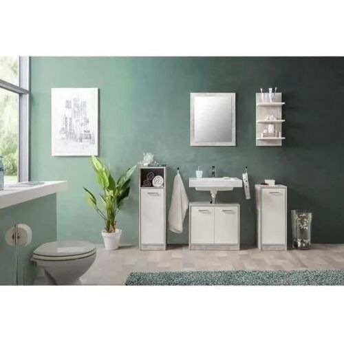 Ensemble De Salle De Bain Madeira - Coloris Béton Structuré - 1 Meuble Lavabo + 1 Étagere + 1 Petite Commode + 1 Commode