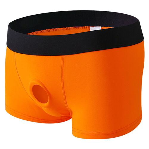 Clever-Menmode Hommes Caleçons Pénis Poche Ouverte Trou Boxer Shorts Cockring Culottes Sous-Vêtements En Coton Boxershorts Hombre -Orange-M