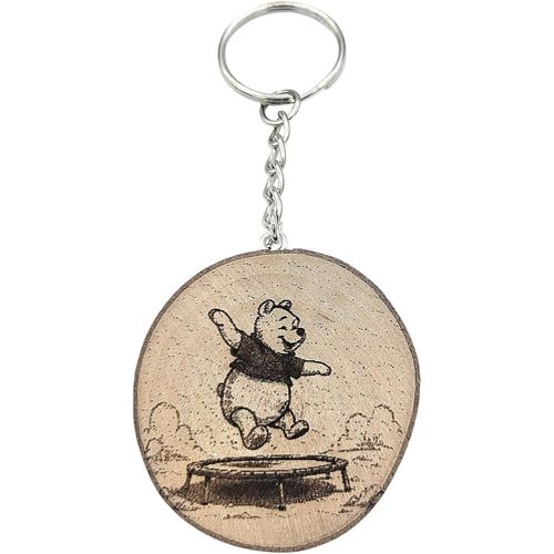 Kal-Porte-Clés En Bois Avec Trampoline L'ourson Gravé Au Laser, Bois Naturel, W5l5