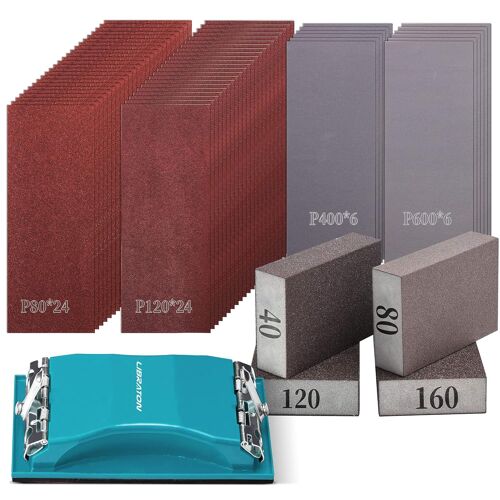 SUBZONAL-Libraton Papier Abrasive 65 Pièces, Assortiment de Verre Grain 80 à 600 Feuilles avec Ponceuse à Main, Éponges à poncer de 40/80/120/160, finition de meubles en bois polissag