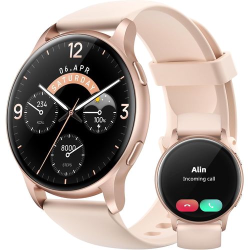 Montre Connectée Femme avec Appels Bluetooth, 5ATM Étanche Montre Sport, 44 mm Montre Femme avec 100+ Sportifs, Sommeil, Fréquence Cardiaque, Smartwatch pour Android & iPhone, Or Rose, SR3