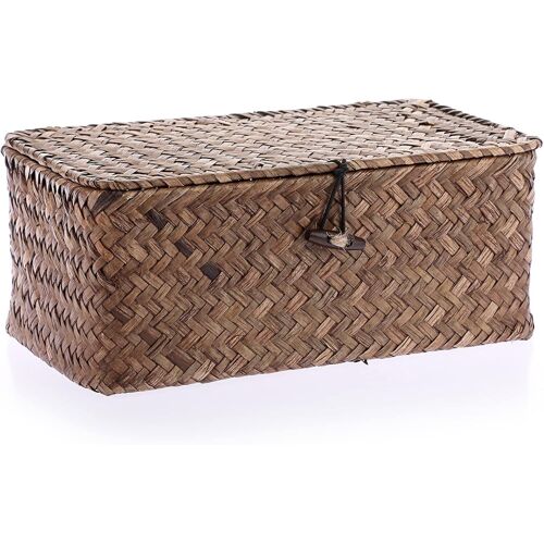 KALANKA-Panier de rangement rectangulaire en jonc de mer tissé avec couvercle ¿ Panier de bureau rectangulaire pour salle de bain, étagères et bureaux ¿ Panier de rangement décoratif multifonction
