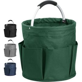 KKAHQ-Panier à Outils de Seau avec 6 Poches Extérieures, 17L Sac à Outils Jardinage Rond avec Poignée, Corbeille de Rangement en Tissu Oxford pour Stockage, Panier de Rangement Pliable - Vert
