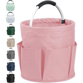 KKAHQ-17L Panier Courses avec Poignée, Sac a Outils Pliable avec 6 Poches, Panier Pique Nique Portable en Tissu Oxford 600D, Panier Rangement Multifonctionnel pour les Voyages, le Shopping, Rose
