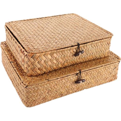 2pcs Panier Osier Avec Couvercle,Panier En Rotin Tressé Fabriqué À Manograss,Panier En Osier Avec Couvercle,Paniers Rectangulaires De Rangement Pour Étagères