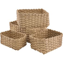 JEXNOVASHOP-Panier Osier Rangement Salle de Bain Corbeille Enfant Jaune en Papier Bio Écologique Lot de 4 pour Jouets, CD, Cosmétique,langes coton bébé,Câble de charge,Décor Maison