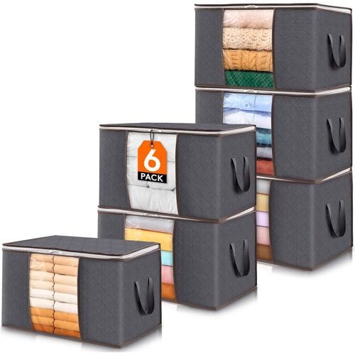 Jexnovashop-Lot De 6 Sac Rangement Vetement, Boite Rangement Déménagement Bac De Rangement Pour Vêtements, Couvertures, Couettes, Caisse Rangement Pliable Avec Poignée Renforcée, Gris